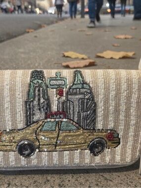 Beaded NYC Taxi Clutch in Metallic Gold and Cream